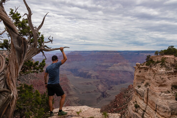 Man next to old dry tree with scenic aerial view from Skeleton Point on South Kaibab hiking trail at South Rim, Grand Canyon National Park, Arizona, USA. Colorado River weaving through rugged terrain