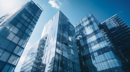 Fototapeta na wymiar modern glass office building with blue sky created with Generative AI