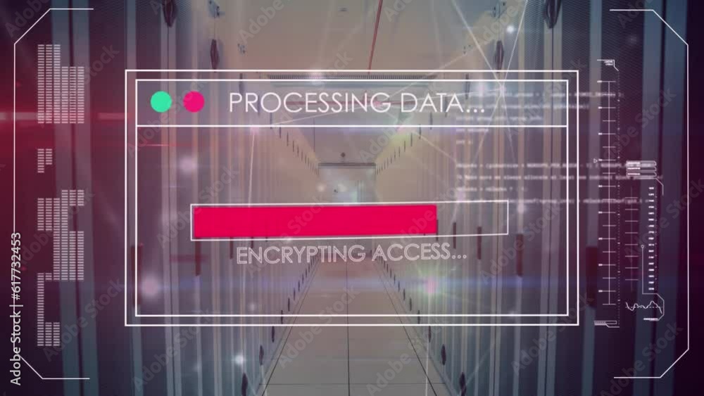 Poster animation of interface with data processing and glowing network of connections against server room