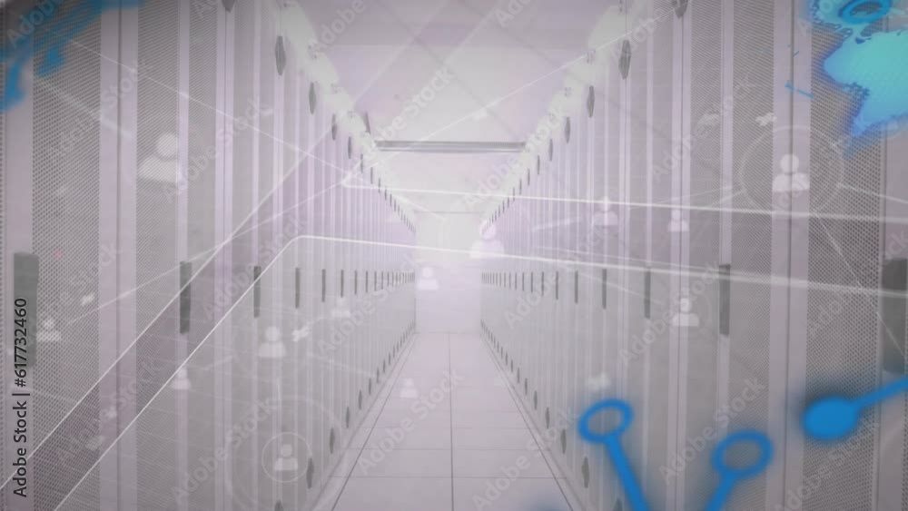 Wall mural Animation of interface with data processing and network of profile icons against server room