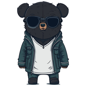 Cute bear doll in fashion style, vector illustration, animal in sunglasses, animal in clothes.