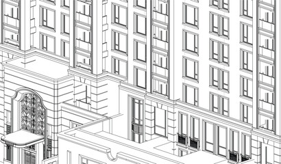 Illustration of an architectural hotel apartment facade, line drawing blueprint
