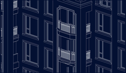 Illustration of an architectural hotel apartment facade, line drawing blueprint