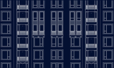 Obraz premium Illustration of an architectural hotel apartment facade, line drawing blueprint