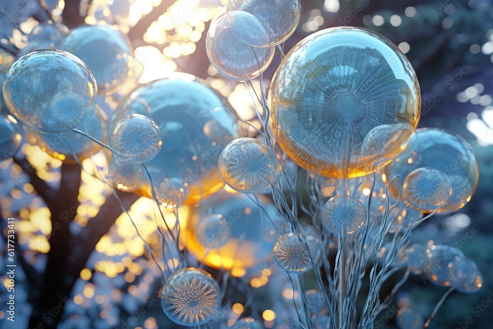 Poster a magnified view of a cluster of bubbles hanging from a tree