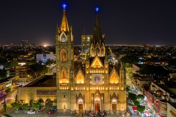Fototapeta na wymiar Expiatory Cathedral at Night. Guadalajara, Jalisco, Mexico. Drone View