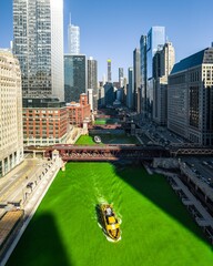 Beautiful Aerial View of Green Chicago River on with a Yellow Boat