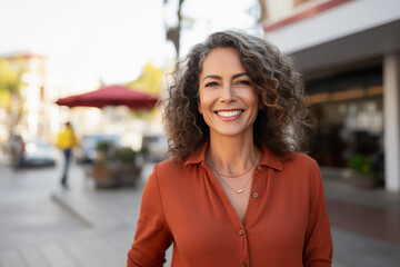 Portrait of a confident, smiling middle-aged Hispanic woman in her 40s or 50s, radiating positivity outdoors, showcasing Latin American pride, generative ai