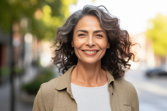 Portrait of a confident, smiling middle-aged Hispanic woman in her 40s or 50s, radiating positivity outdoors, showcasing Latin American pride, generative ai