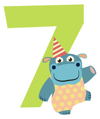 Seventh birthday decoration. Kid age number with funny hippo