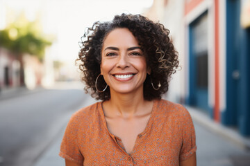 Portrait of a confident, smiling middle-aged Hispanic woman in her 40s or 50s, radiating positivity outdoors, showcasing Latin American pride, generative ai - obrazy, fototapety, plakaty