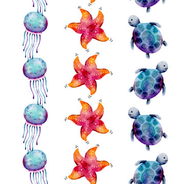 Watercolor Vector Sea Animals Vertical Seamless Borders Set