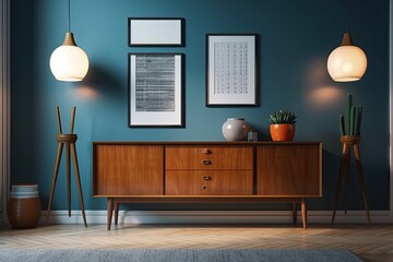 Interior from the mid century with lamps and a drawer. Generative AI