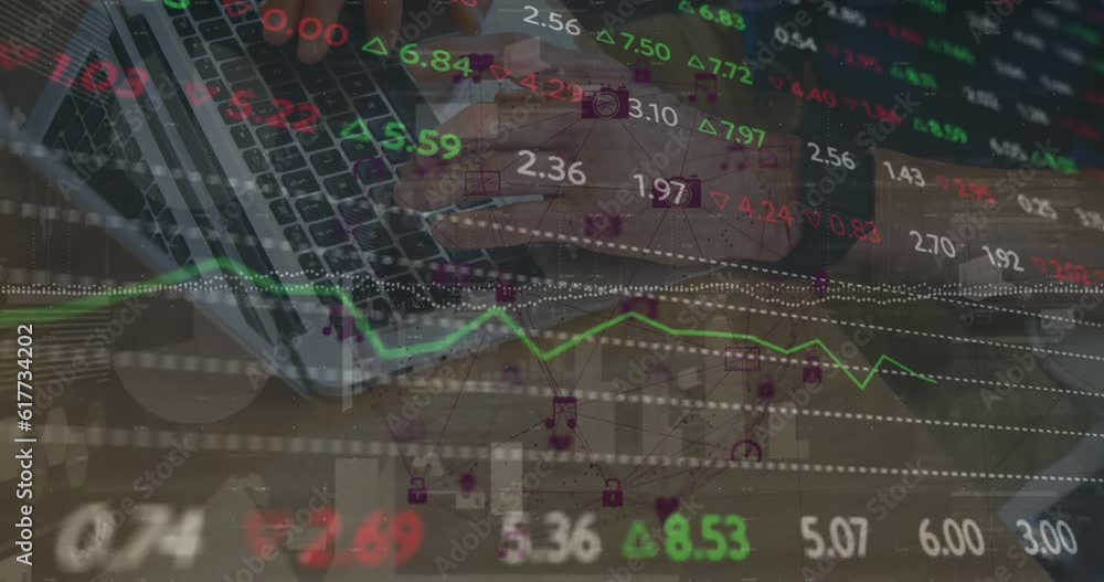 Poster animation of financial data processing over caucasian man using laptop