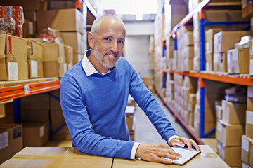 Man in portrait, tablet with factory with boxes, digital invoice and supply chain warehouse....