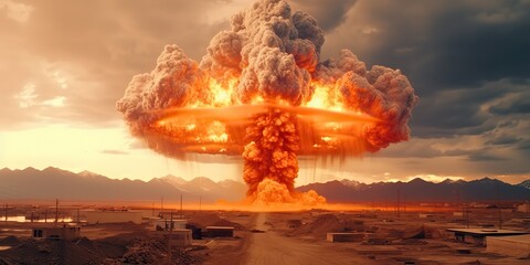 AI Generated. AI Generative. Photo illustration of atomic nuclear radioactive explosion mushroom burn flame smoke. Catastrophe ecology armageddon war warfare/ Graphic Art
