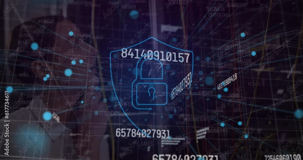 Aufkleber animation of padlock and data processing over caucasian female it engineer by server