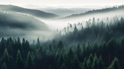 misty morning in the mountains with green forest created with Generative AI