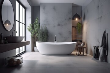 Naklejka na ściany i meble Interior of a bathroom lovely bathroom with brilliant wall and ceramic floor; empty space concept. Generative AI