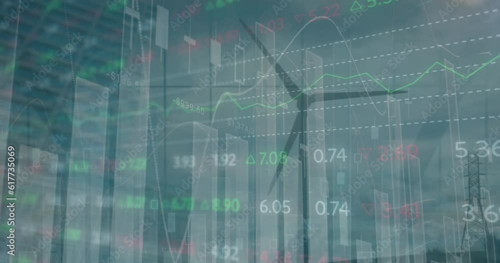 Poster Animation of financial data processing over wind turbine