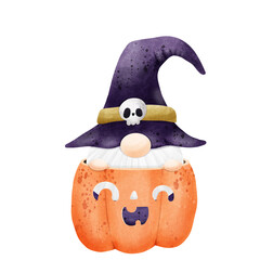 Watercolor cute gnome in pumpkin Halloween party element illustration
