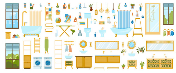 large set of furniture and household appliances for the bathroom, toilet and laundry in an ecological boho and art style. Vector illustrations of furniture for a cozy home in a flat hand-drawn style