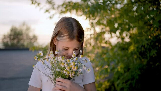 Portrait of happy little beautiful smiling cute girl child sniffing chamomile bouquet at meadow sunny day summer sunset park looking at camera. Kid having fun, Happy family field. Children Childhood 