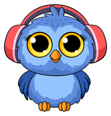 Baby owl in headphones. Cartoon funny bird character