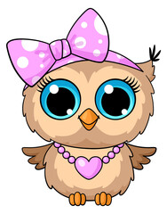 Cute owl girl in pink bow and heart necklace. Cartoon bird character