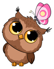 Butterfly on owl head. Cute cartoon spring characters
