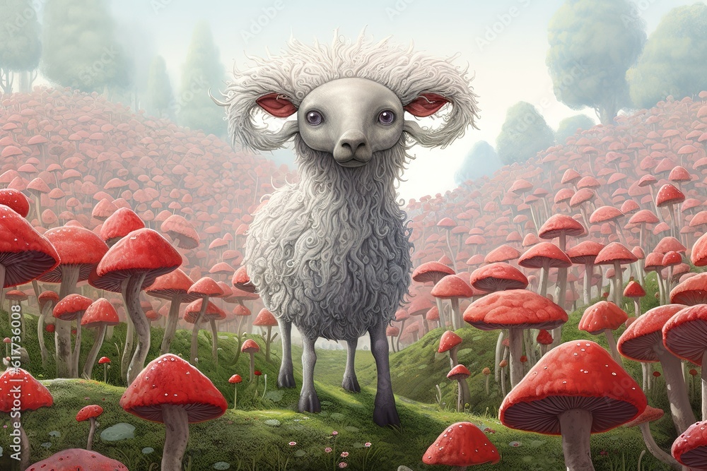 Poster a picture of a sheep in a mushroom field with the sheep standing in the middle of the mushrooms.