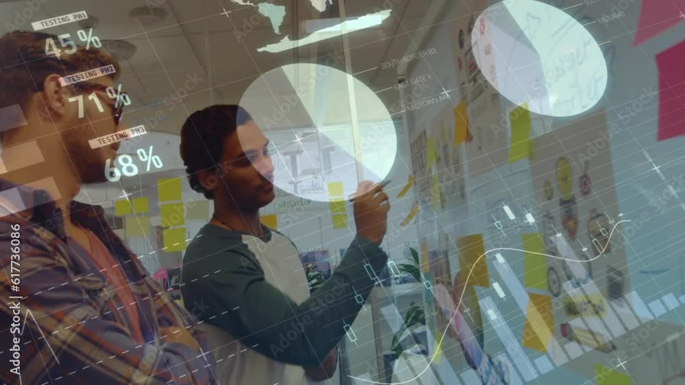Poster animation of statistical data processing over two diverse men discussing over whiteboard at office