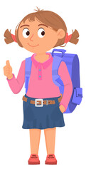 Little school girl character. Cartoon kid with backpack