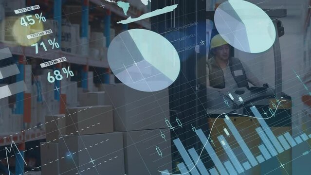 Animation of statistical data processing over caucasian male worker operating forklift at warehouse