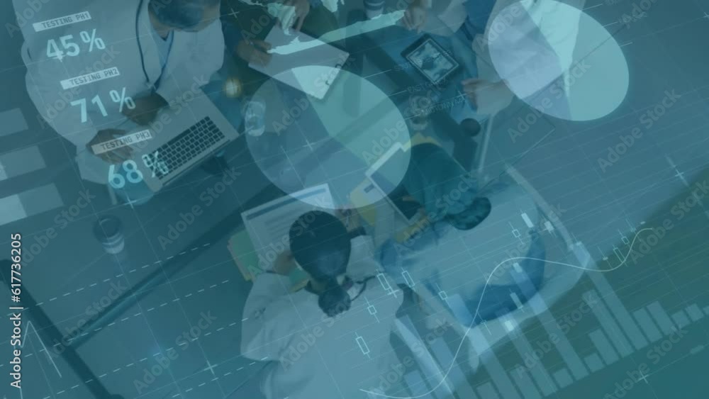 Poster animation of statistical data processing against overhead view of people working at office