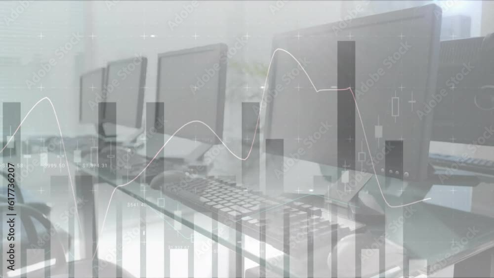 Poster animation of statistical data processing against empty office