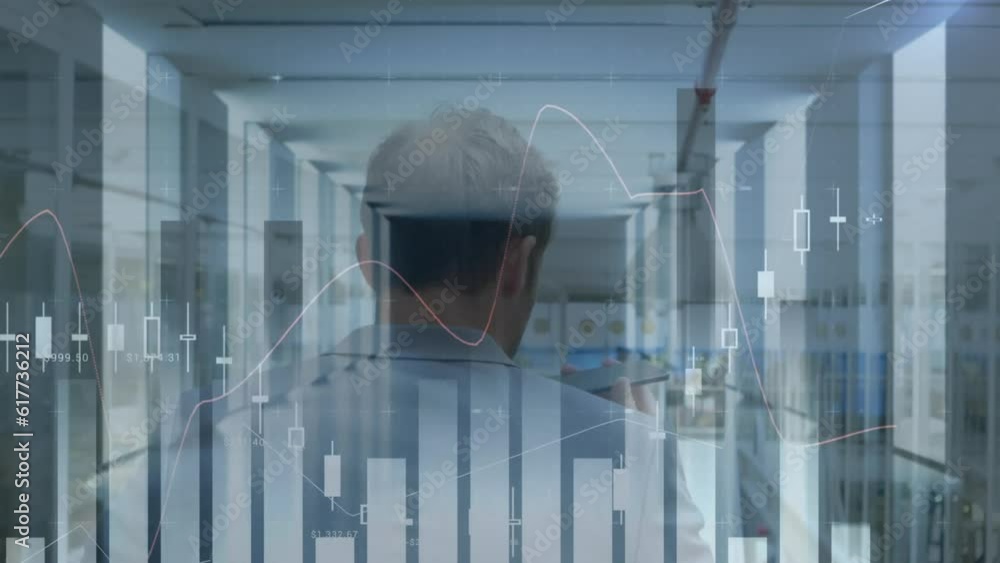 Poster animation of statistical data processing against rear view of male engineer talking on smartphone