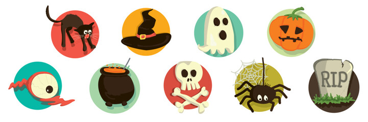Badges for Halloween party. Vector stickers with horror motifs