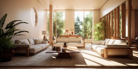 AI Generated. AI Generative. Modern luxury elegant cozy living room architecture with nice decoration and huge window. City garden view. Graphic Art