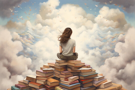 a young female among books and clouds, fantasy dream world, reading literature