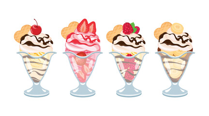 Ice cream sundaes various types icon set vector. Chocolate, vanilla, fruit ice cream sundae with whipped cream, icing and wafer icon set vector on a white background. Fancy ice cream cup drawing