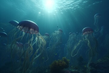 A detailed illustration of a group of sea creatures, such as jellyfish or octopus, in a mesmerizing and captivating underwater environment, Generative AI