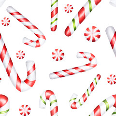 Fototapeta premium Watercolor christmas seamless pattern with candy cane illustration. New year hand painting lollipop isolated on white background. For designers, food decoration, menu, shop, fo