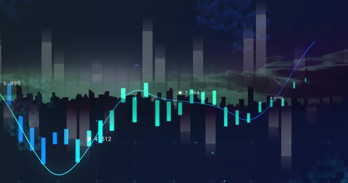 Animation of financial data processing over cityscape