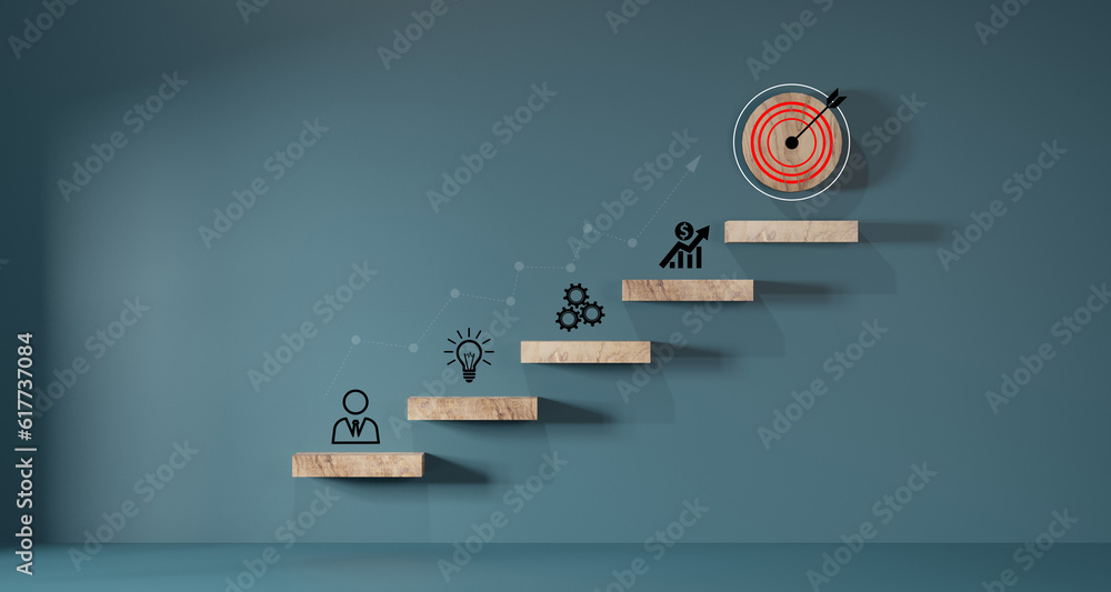 Wall mural woods block step on table with icon action plan, goal and target, success and business target concep