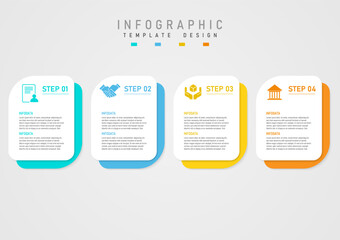 infographic business 4 step design simple template Multi-colored squares below. Icons with letters on white background on gray gradient background for planning, marketing, project, product.