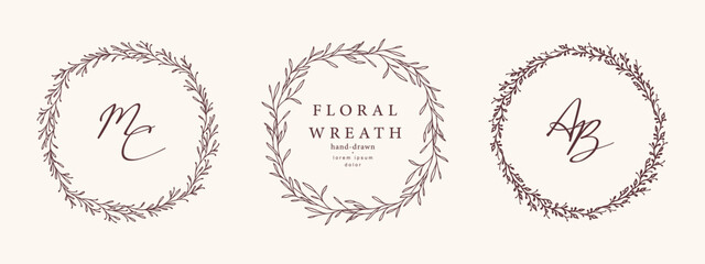 Hand drawn circle floral frames, wreaths and logo templates. Trendy delicate greenery elements in line art style. Vector for label, corporate identity, wedding invitation, postcard, save the date