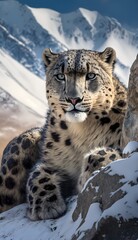 cinematic still BBC Earth of snow leopard on mountain 