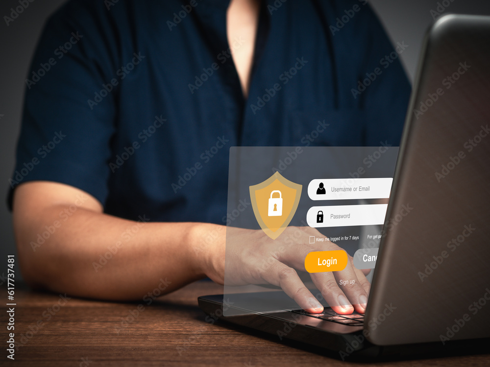 Poster businessman login to the network by username and password on the virtual screen while sitting at the