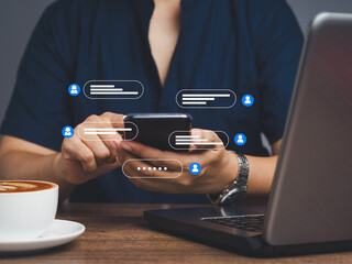 Man typing on a mobile phone with live chat chatting on application communication digital media...